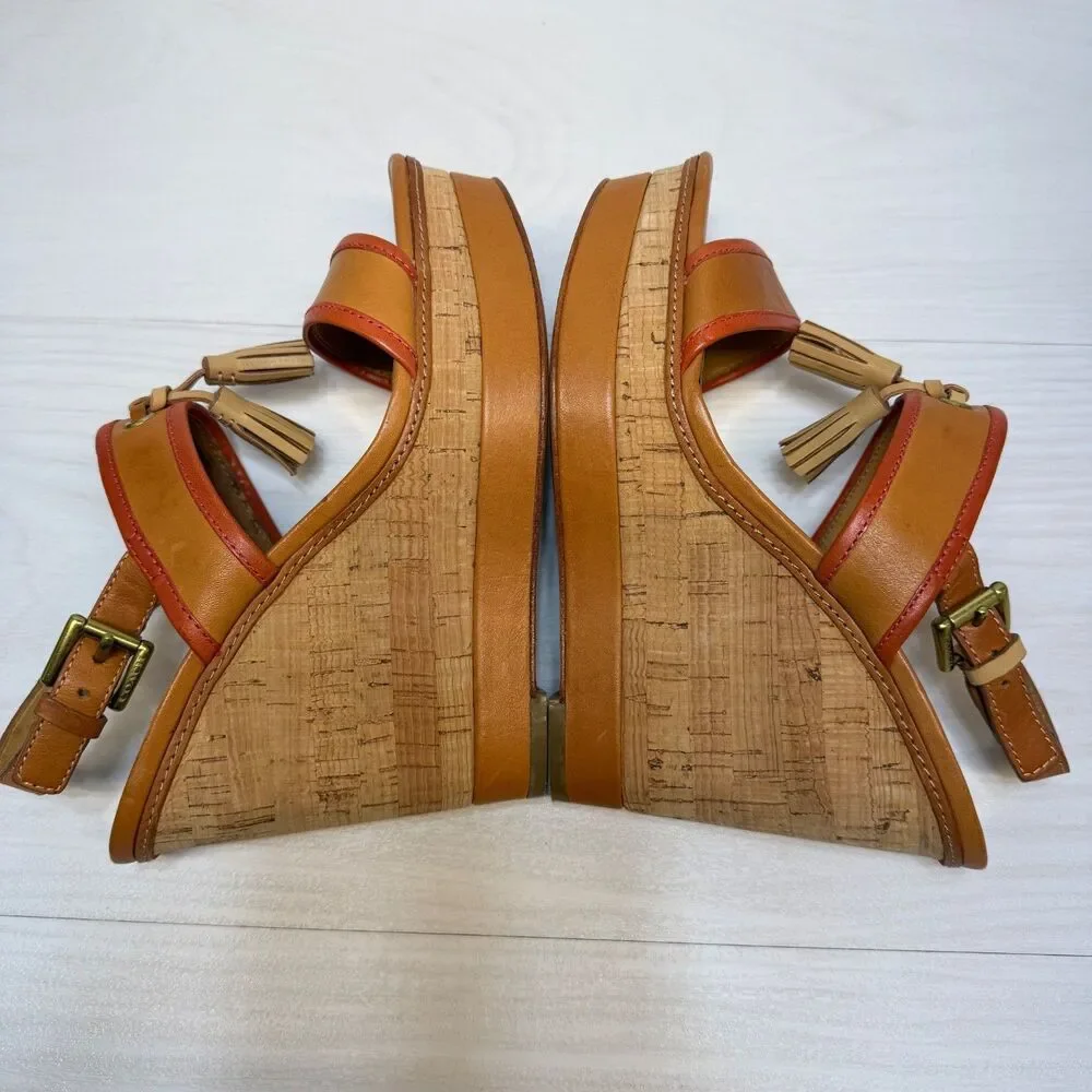 COACH Light Tan/ Bright C‎ Guileietta Cork Wedge Sandals Womens Size 9B